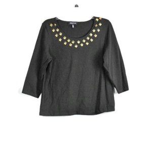 Jones New York Black Women's Top Blouse Studded 3/4 Sleeves Neckline Size 2X 016